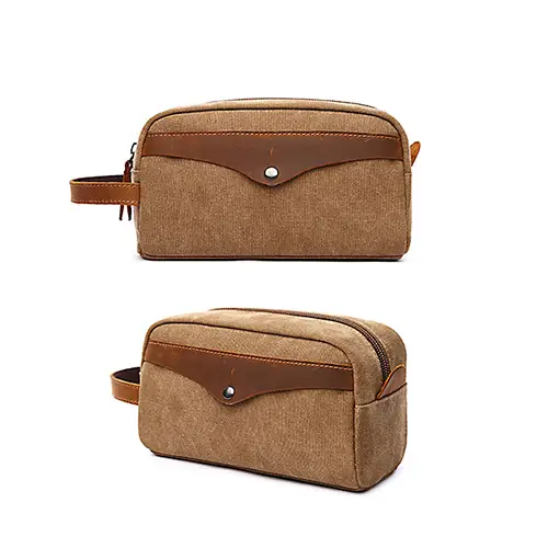 Vintage Leather Canvas Travel Mens Minimalist Toiletry Plain Makeup Bag